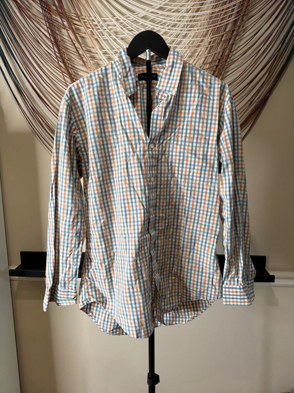 Lands and 100% cot tailored fit men’s shirt orange green blue plaid 15.5–32 3451